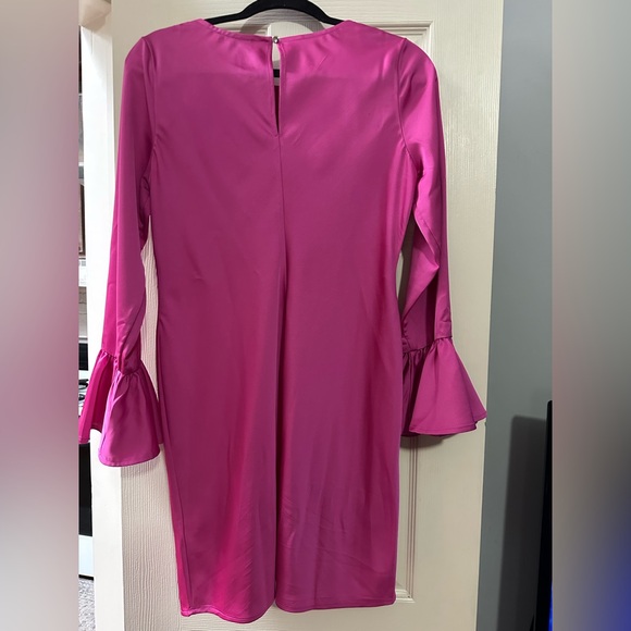 J Crew Women Pink Shift And Ruffle Long Sleeve Crew Neck Satin Crepe Dress. - Picture 4 of 4